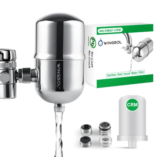 WINGSOL Filtro de agua de acero inoxidable para grifo de fregadero, filtro reutilizable de lavado para refrescar, NSF/ANSI 42 y 53 con rotación de