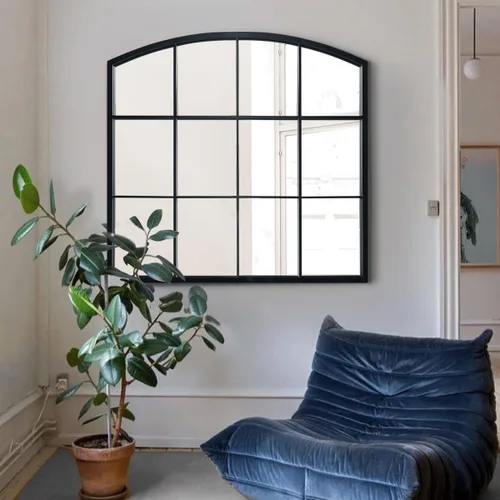 Miniatura 12 de WAMIRRO Espejo de pared de rejilla negra, espejo de ventana ancha negro, espejo de pared arqueado de granja, espejo de repisa para chimenea, Black-2