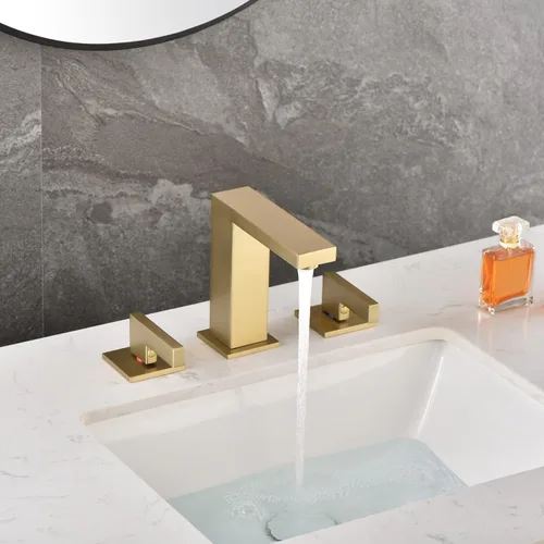 Miniatura 3 de sumerain Grifo de baño de 8 pulgadas de oro cepillado, grifo de lavabo de 2 manijas de latón sólido, con manguera de conexión rápida