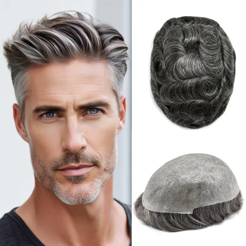 Miniatura 41 de FNY HAIR - Tupé para hombres, sistema de cabello humano, piel ultrafina, PU con bucle en V, prótesis de cabello natural para hombres, #1B05 1B# OFF