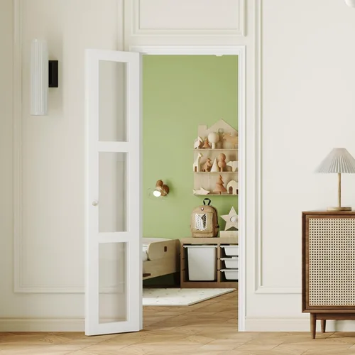 Miniatura 26 de Puerta plegable de 180 grados, para aberturas de 30 ″ x 80 ″, puerta plegable esmerilada blanca 3-Lite con bisagras, juego de herrajes para puertas