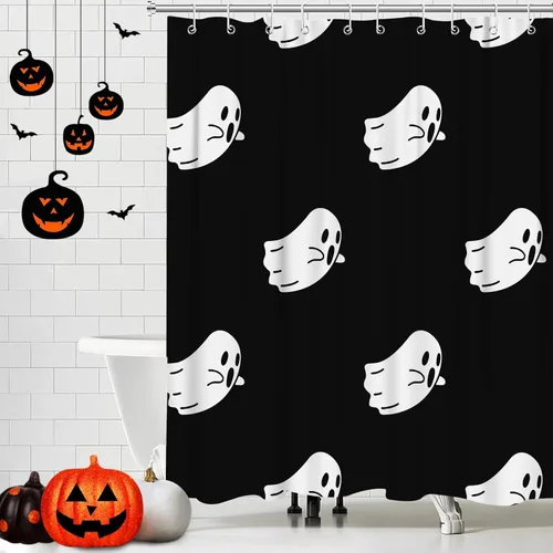 Miniatura 13 de Bonita cortina de ducha de Halloween, fantasmas divertidos y espeluznantes, juego de cortina de ducha de poliéster blanco y negro con 12 ganchos