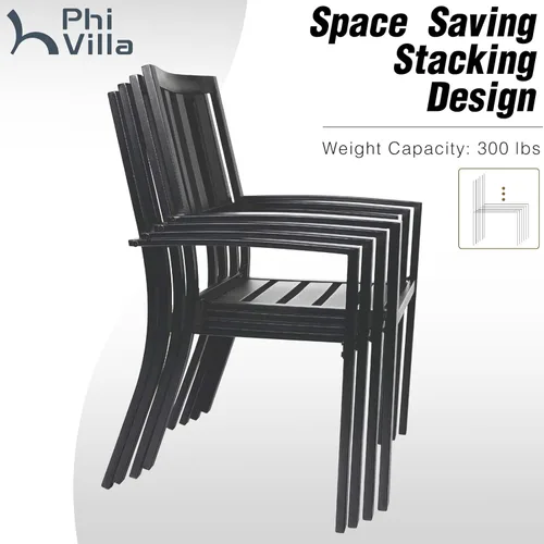 Miniatura 4 de PHI VILLA Juego de comedor de 3 piezas para patio al aire libre, mesa redonda de metal con listones y 2 sillas de patio, juego de muebles de Negro