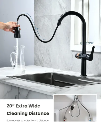 Miniatura 6 de APPASO Grifo de cocina negro con filtro de agua, mangueras certificadas por cUPC, grifos de fregadero de 3 vías con rociador extraíble, 3 modos