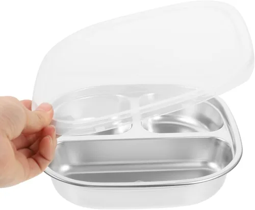 Miniatura 5 de Sosoport Plato de almuerzo dividido de acero inoxidable 304 con tapa, bandeja de alimentos reutilizable para niños y adultos, ideal para camping