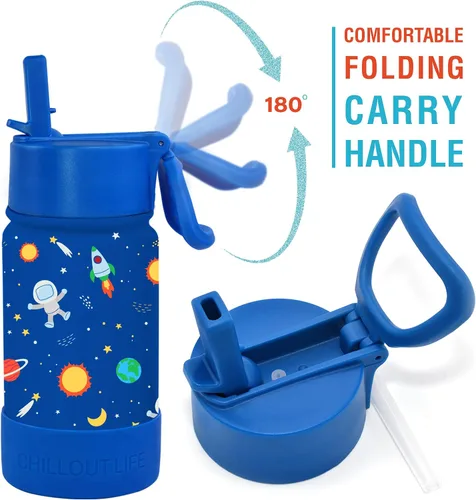 Miniatura 5 de CHILLOUT LIFE Botella de agua aislada para niños de 12 onzas para la escuela con tapa con pajita, a prueba de fugas y bonitas calcomanías Espacio