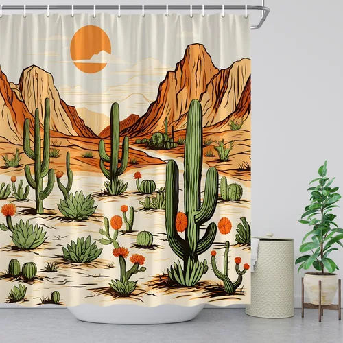 Miniatura 3 de Cortina de ducha occidental, cactus, montaña, desierto, paisaje, étnico, azteca, americano, vaquero, decoración de baño, cortinas de tela con ganchos