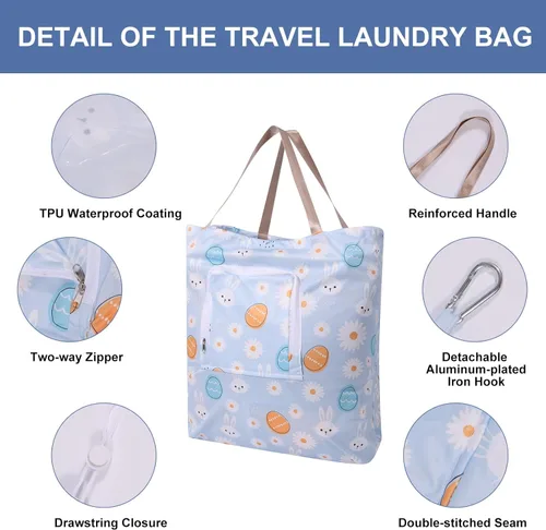 Miniatura 2 de Paquete de 2 bolsas de lavandería de viaje con asa y cordón, bolsas plegables expandibles para ropa sucia con gancho y cremallera, 23 x 20 pulgadas