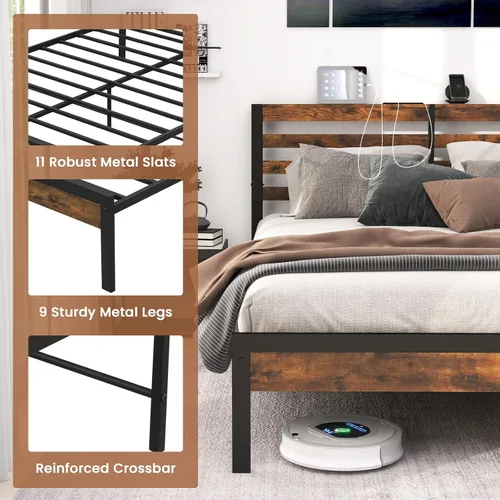 Miniatura 5 de Giantex Base de cama de metal con estación de carga, plataforma industrial con cabecera de almacenamiento, base de colchón resistente, fácil