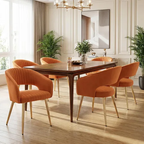 Miniatura 16 de Juego de 2 sillas de comedor modernas, tapizadas de piel sintética dorada con respaldo hueco, sillas de cocina con reposabrazos decorativos