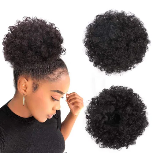 Yinmei Baibian Extensiones cortas de cabello sintético tipo moño rizado con cordón y cordón para mujeres negras (1B)