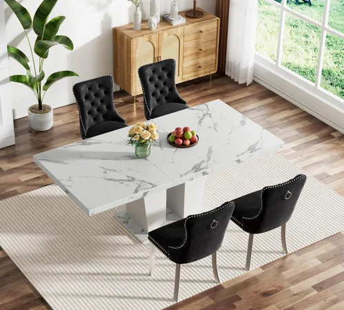 Miniatura 18 de Juego de mesa de comedor extensible marrón de 63 a 78.74 pulgadas para 4, juego de mesa de comedor de 5 piezas con 4 sillas, mesa de cocina