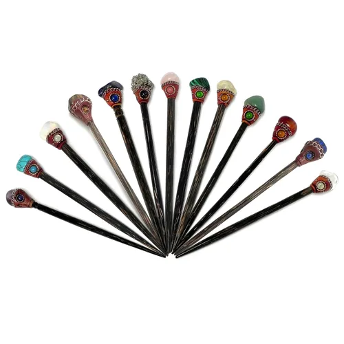 Miniatura 7 de Mia Jewel Shop - Varillas de madera con piedras preciosas curativas naturales surtidas – Palillos para el cabello hechos a mano para mujeres