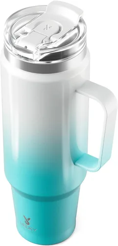 Miniatura 20 de Meoky - Vaso de 32 onzas con asa, taza de viaje de acero inoxidable con pajilla y tapa 2 en 1, taza de café con aislamiento al vacío, 100% a prueba