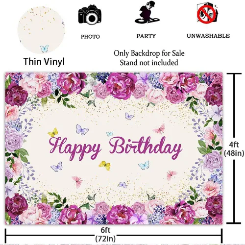 Miniatura 4 de Mocsicka Telón de fondo de fiesta floral de mariposa para bebés, niñas, hada, princesa, feliz cumpleaños, fotografía de fondo, vinilo para niños