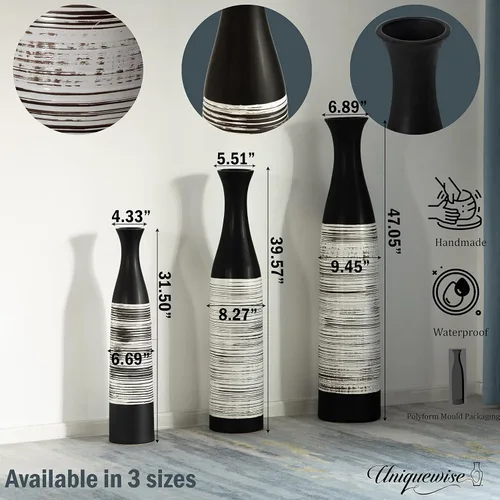 Miniatura 5 de Jarrón de cerámica impermeable de 31 pulgadas hecho a mano en blanco y negro, forma de botella clásica, diseño independiente y perfecto