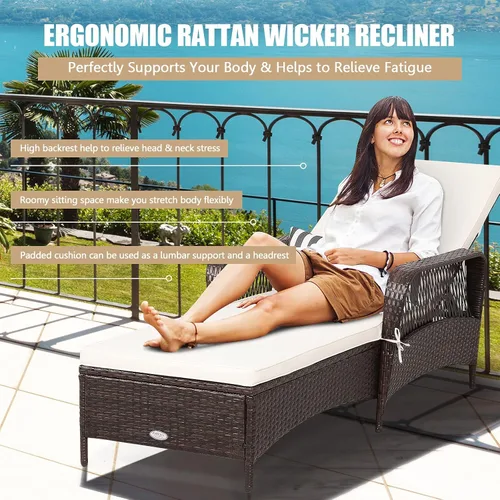 Miniatura 4 de HAPPYGRILL Sillón reclinable de ratán de polietileno para exteriores, tumbona para patio con almohada de cintura extra, silla reclinable con 6 Marrón