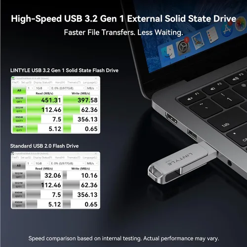 Miniatura 3 de Unidad flash externa SSD de 128 GB, hasta 450 MB/s, USB 3.2 Gen1, Dual Type-C y USB A, diseño giratorio de metal, unidad de pulgar SSD externa