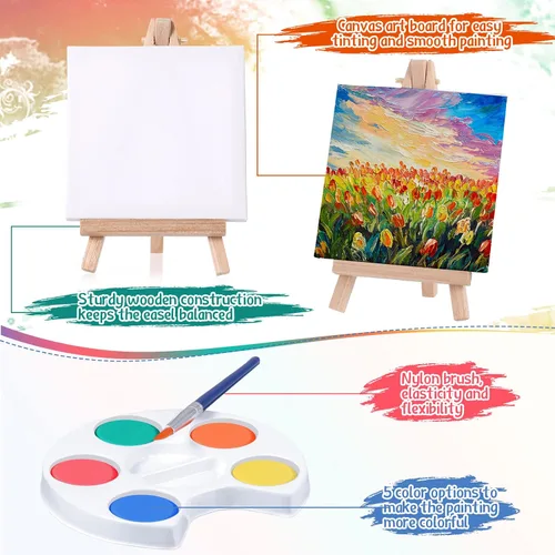 Miniatura 3 de Crtiin Mini juego de pintura de acuarela, regalos de 4 x 4 pulgadas, pequeños kits de pintura en lienzo con pinturas de caballete, pincel, fiesta