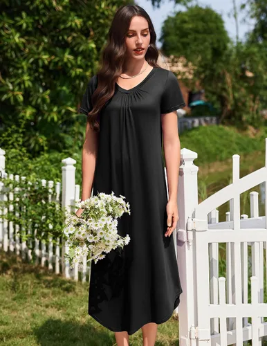 Miniatura 6 de Ekouaer Paquete de 3 camisones largos para mujer, talla grande, vestido de casa de manga corta, cuello en V, camisón casual, M-5XL