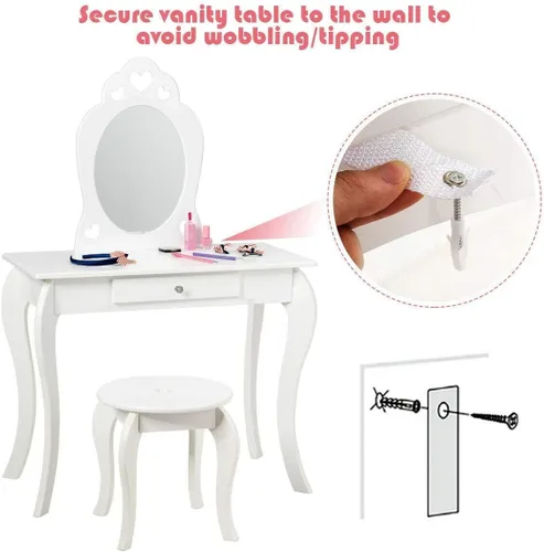 Miniatura 5 de Costzon Juego de tocador para niñas, set de tocador con espejo y taburete, cajón de almacenamiento, escritorio de maquillaje para niñas pequeñas