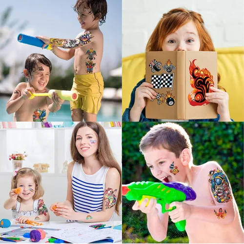 Miniatura 4 de 52 piezas de tatuajes temporales para niños de brazo completo con castillo, mariposa, gato, camión, dinosaurio, cohete, planeta, lindo animal