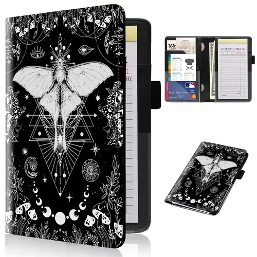 Libros de mesera para camarera con bolsillo con cremallera, libro de camarera floral de hongos con polilla estética, folleto de cuero, organizador