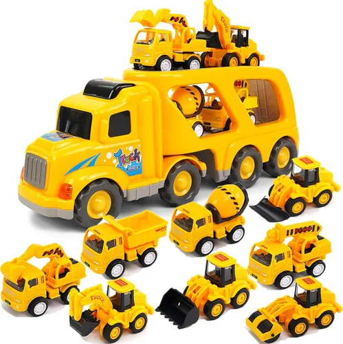 Veslier Juguetes de camión de construcción 9 en 1 para edades de 3, 4, 5, 6 años, vehículos con sonidos y luces en camión transportador, juguetes de