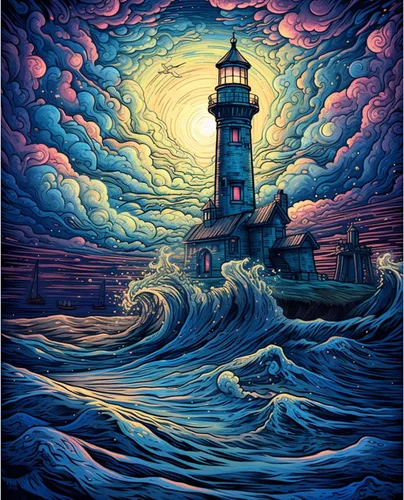 Miniatura 9 de Pintura de faro de fantasía, pintura dramática por números, 16 x 20 pulgadas, lienzo para bricolaje, pintura al óleo del océano tropical