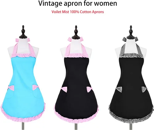 Miniatura 7 de Violet Mist Lindos delantales negros para mujeres con bolsillos, delantales vintage retro elegantes para niñas con lazo, vestido sexy de los años