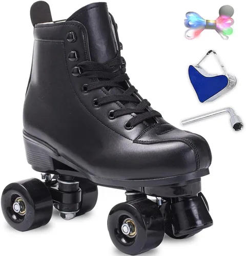 Patines de ruedas para mujeres y hombres, de piel sintética, patines clásicos de doble fila, patines de cuatro ruedas para interiores y exteriores