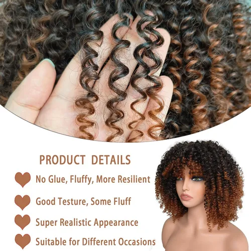 Miniatura 4 de Peluca rizada afro rizada marrón con flequillo - peluca sintética de pelo corto para mujeres negras
