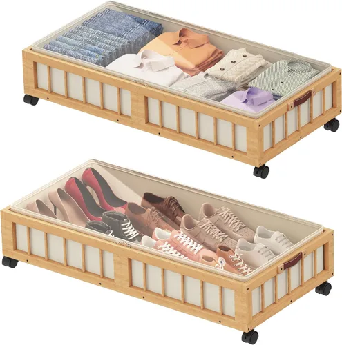 Miniatura 10 de efluky Paquete de 2 contenedores de almacenamiento de bambú debajo de la cama con ruedas, cesta de almacenamiento de ropa debajo de la cama