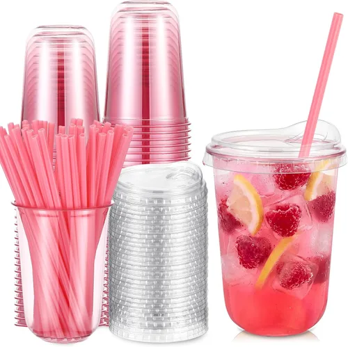 Miniatura 18 de Ziliny Juego de 25 vasos de plástico transparente con pajitas rosas en forma de corazón y tapas sin popote, vasos desechables para mascotas de fondo