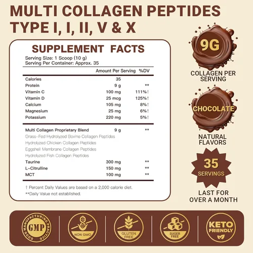 Miniatura 2 de DRFOSTER - Péptidos de colágeno de chocolate en polvo para mujeres y hombres, colágeno multitipo I II III V X con multivitaminas y minerales