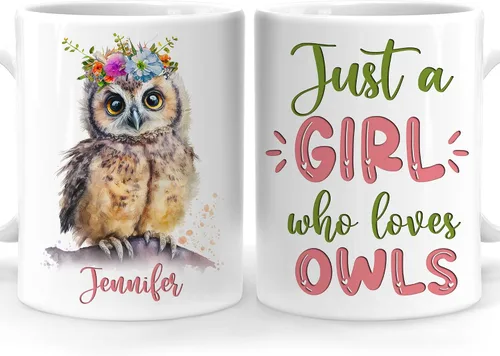 Hyturtle Regalos personalizados para amantes de los búhos – Taza de café de cerámica con nombre personalizado de 11 onzas – Idea de regalos lindos