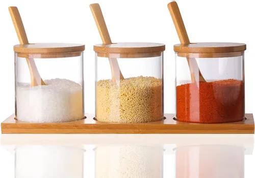 Lawei Juego de 3 tarros de condimentos con tapas y cucharas – Tazones de cristal para azúcar y sal para servir azúcar, especias y sal