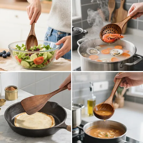 Miniatura 4 de Juego de 8 piezas de utensilios de cocina de madera de teca, cucharas y espátulas de madera natural para utensilios de cocina antiadherentes, juego