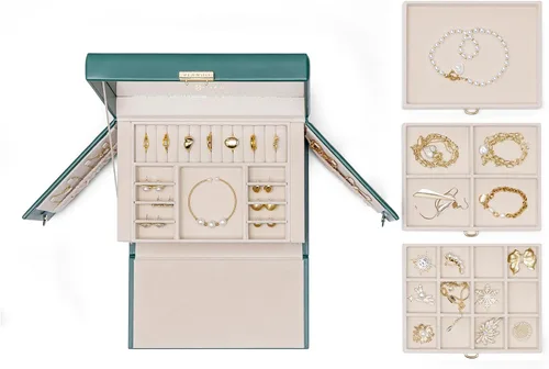 Miniatura 5 de Vlando Joyero organizador con llave con llave, bandeja de 3 cajones para joyas, collares, aretes, anillos, soporte, exhibición de almacenamiento