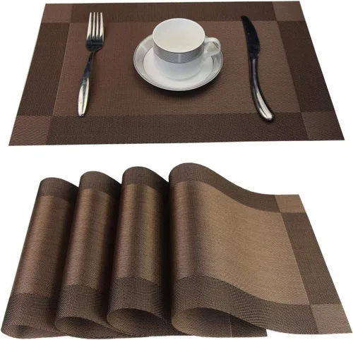 Miniatura 32 de Juego de 6 manteles individuales de plástico lavables para mesa de cocina, resistentes al calor, de vinilo tejido, para exteriores, 12 x 18 Dorado