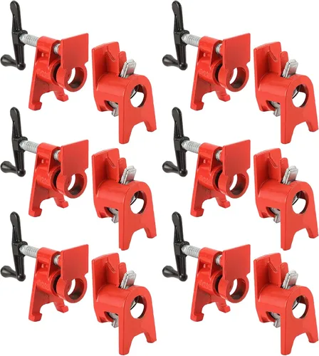 Miniatura 8 de Juego de abrazaderas para tuberías de madera de 3/4" con diseño de pie único rojo. Abrazaderas de barra resistentes de hierro fundido de liberación