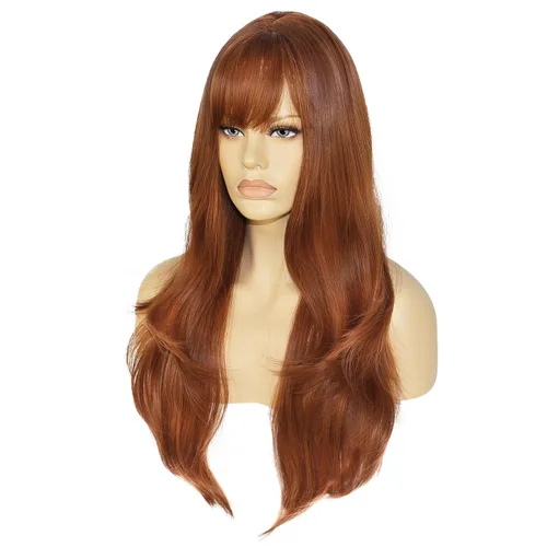 Miniatura 4 de + Gorra de peluca de 28 pulgadas, peluca de jengibre con flequillo, peluca roja cobre para mujer, peluca roja cobre con flequillo, cabello en capas