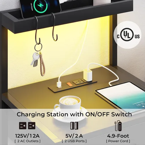 Miniatura 3 de VIAGDO Mesita de noche LED con estación de carga, 3 cajones con luces LED, mesitas de noche negras con estantes de almacenamiento, mesas auxiliares