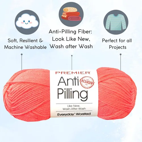 Miniatura 2 de Premier Yarns Everyday Anti-Pilling Solid Coral DN100-54 (6-madejas - mismo lote de tinte) #4 Hilo de punto de peso estambre acrílico para ganchillo