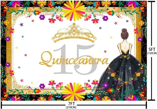 Miniatura 5 de AIBIIN Telón de fondo de quinceañera de 7 x 5 pies con temática mexicana de cumpleaños 15 para niñas, fondo de fotografía de princesa negro y dorado