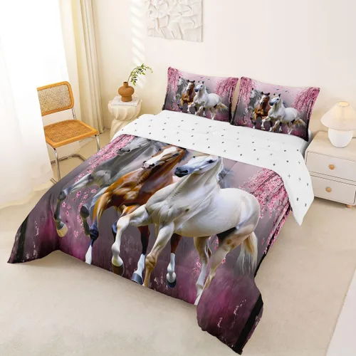 Miniatura 2 de Feelyou Juego de edredón tamaño individual con diseño de caballo y cerezo en flor de galope para niños, adolescentes, edredón occidental, decoración