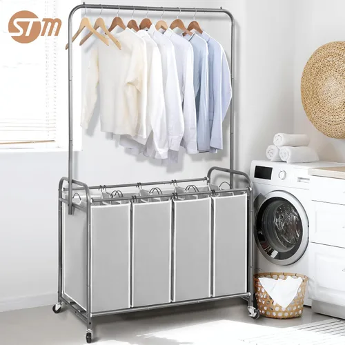 Miniatura 2 de STORAGE MANIAC Clasificador de ropa sucia con barra para colgar, portátil, extraíble con ruedas enrollables resistentes y bolsas extraíbles