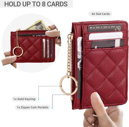 Miniatura 6 de Soporte para tarjetas de crédito, cartera delgada con llavero con bolsillo frontal para monedas, bolsillo frontal pequeño para mujer, color rojo