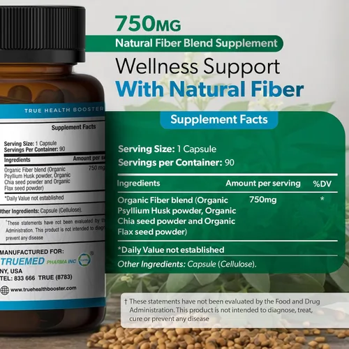 Miniatura 3 de Suplemento de fibra 3 en 1, mezcla orgánica de 750 mg con cáscara de psyllium, chía y semillas de lino, cápsulas de fibra a base de plantas