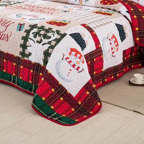Miniatura 7 de Menghomeus Juego de edredón de Navidad tamaño king reversible, colcha a cuadros, rojo y verde, con retazos, juego de edredón de Navidad, árbol